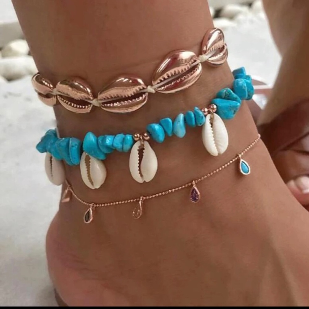 NEW-Set of #2 Cute Shell,Bead Boho Ankle Bracelets